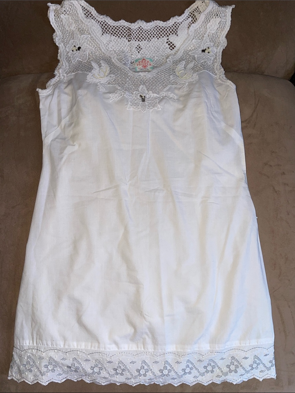 Free People White Lace-Trim Cotton Chemise